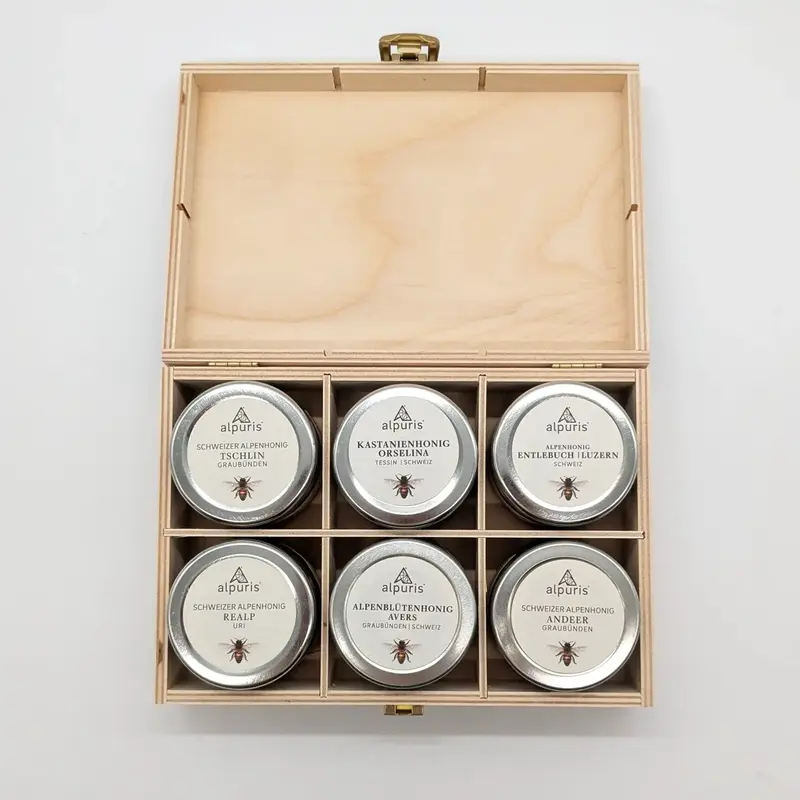 6 Alpenhonige in der puren Holzbox