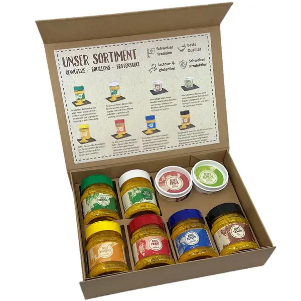 Aebi's Geschenk Box mit 5 Gewürzen, 1 Bratensauce, 2 Bouillons