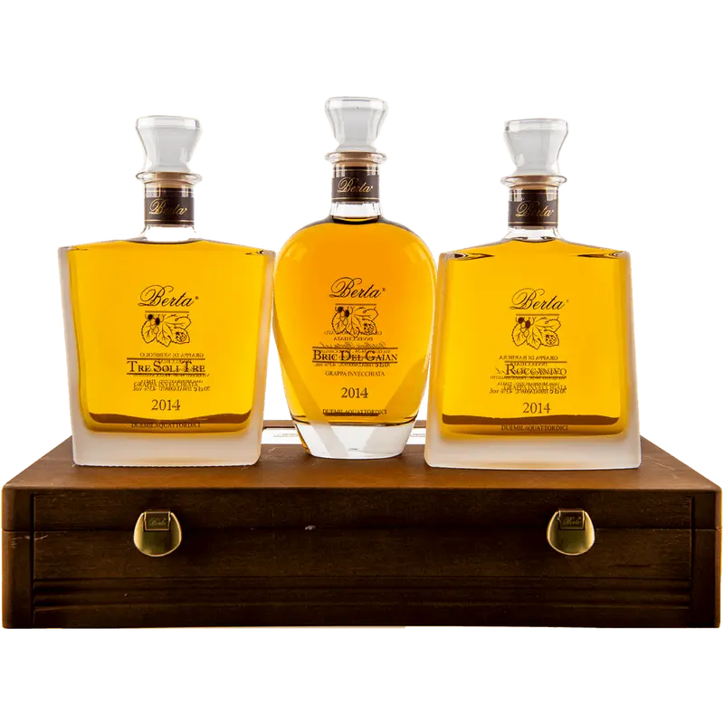 Berta Grappa Coffret Crû Roccavino, Bric del Gaian, Tre Soli Tre 45%