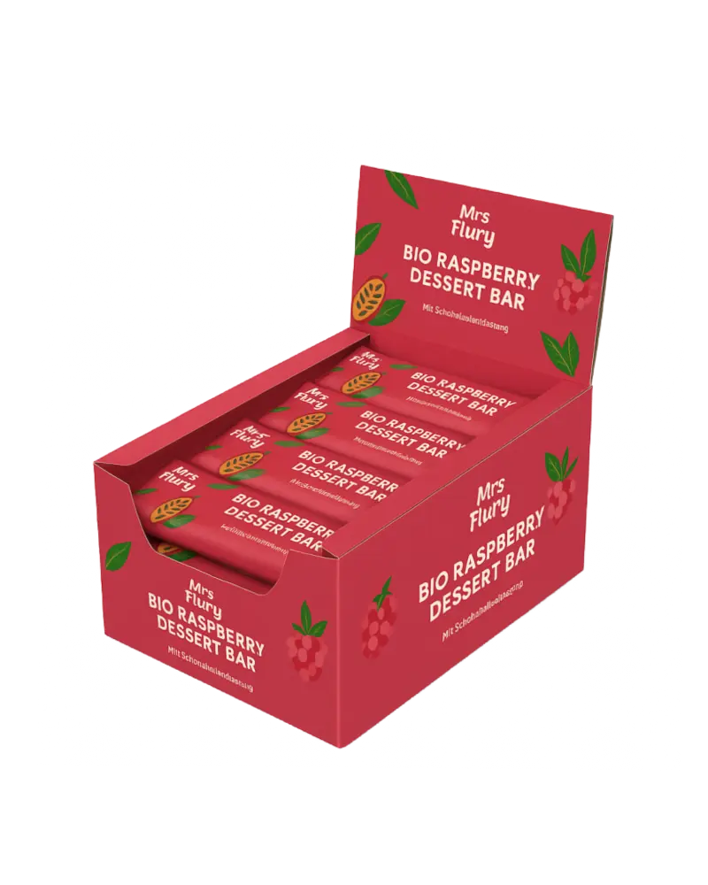 Bio Raspberry Dessert Bar 50 g Box 12 Stück fruchtig, schokoladig, natürlich gut