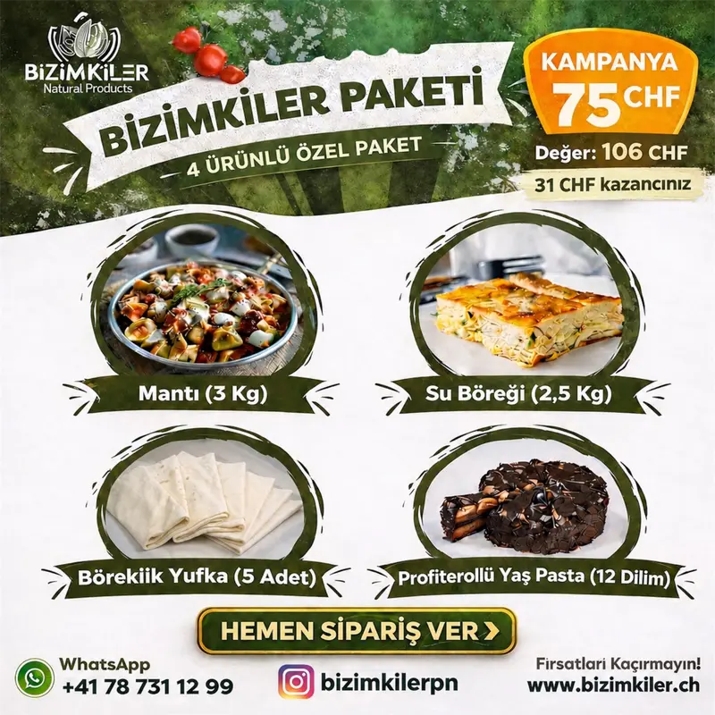 Bizimkiler Aile Boyu Lezzet Paketi | Mantı, Su Böreği, Böreklik Yufka ve Profiterollü Pasta