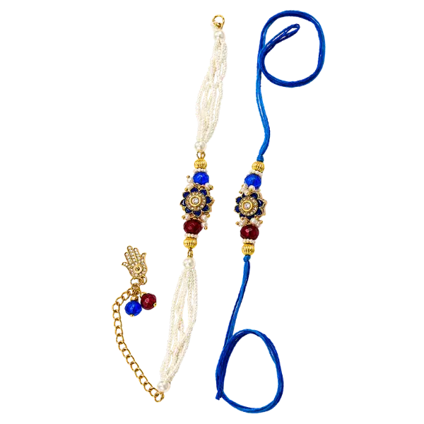 Blue Pearl Rakhi Set with Hamsa Charm