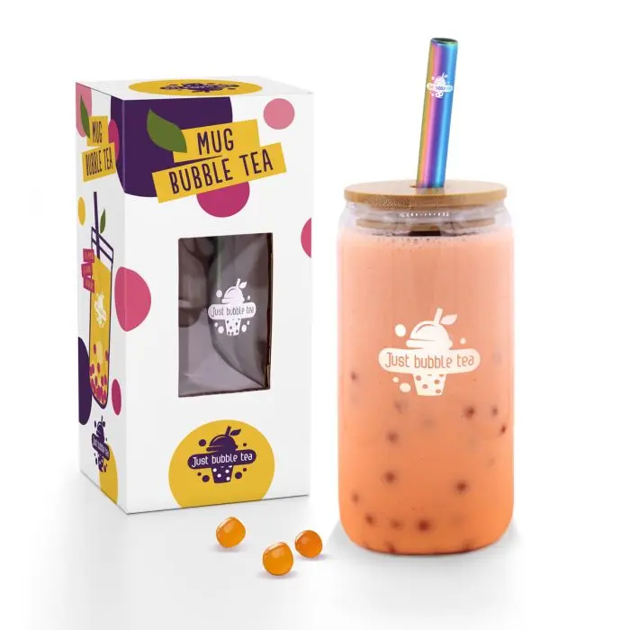 Bubble Tea Becher To Go – Glas mit Bambusdeckel & Strohhalm