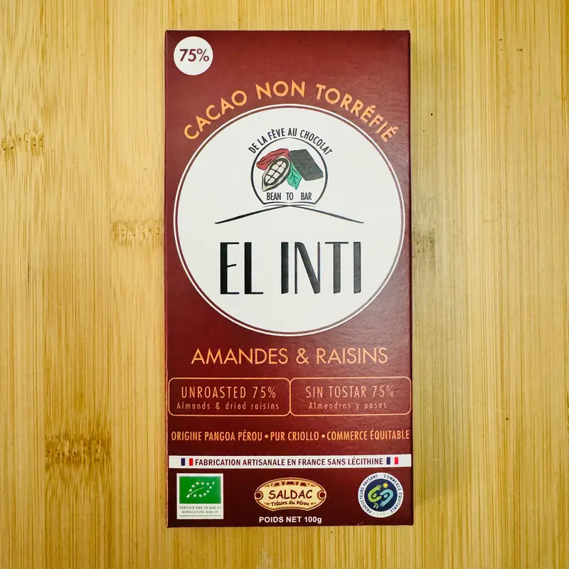 Chocolat cru 76% amandes et raisins BIO