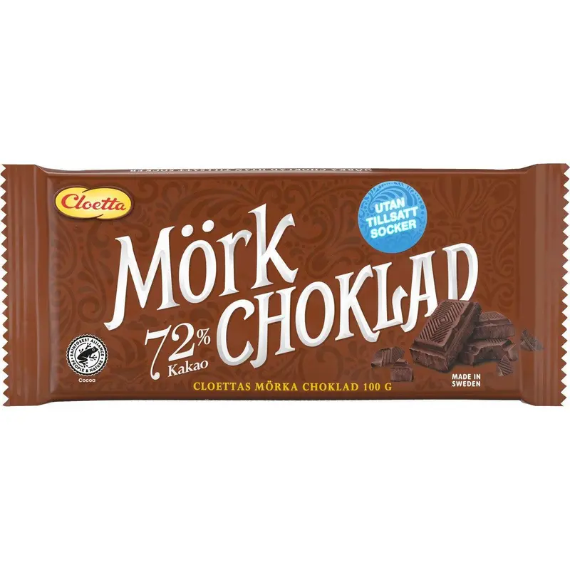 Cloetta Mörk choklad 72 % Sockerfri - Dark chocolate 72% Sugar-free - 100g