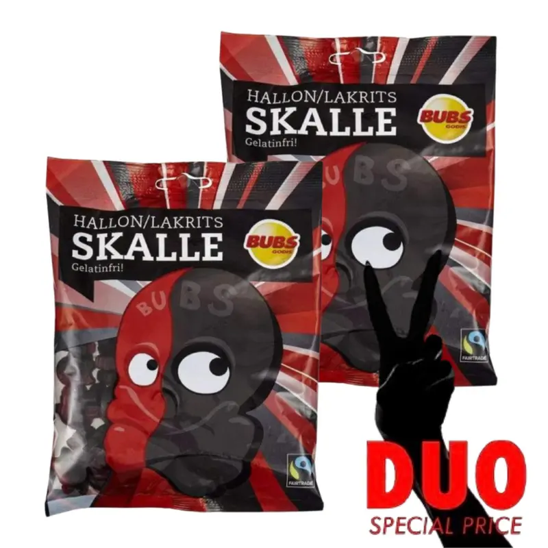 DUO Bubs Hallon och lakritsskalle - Raspberry and Liquorice Skulls 190g X 2