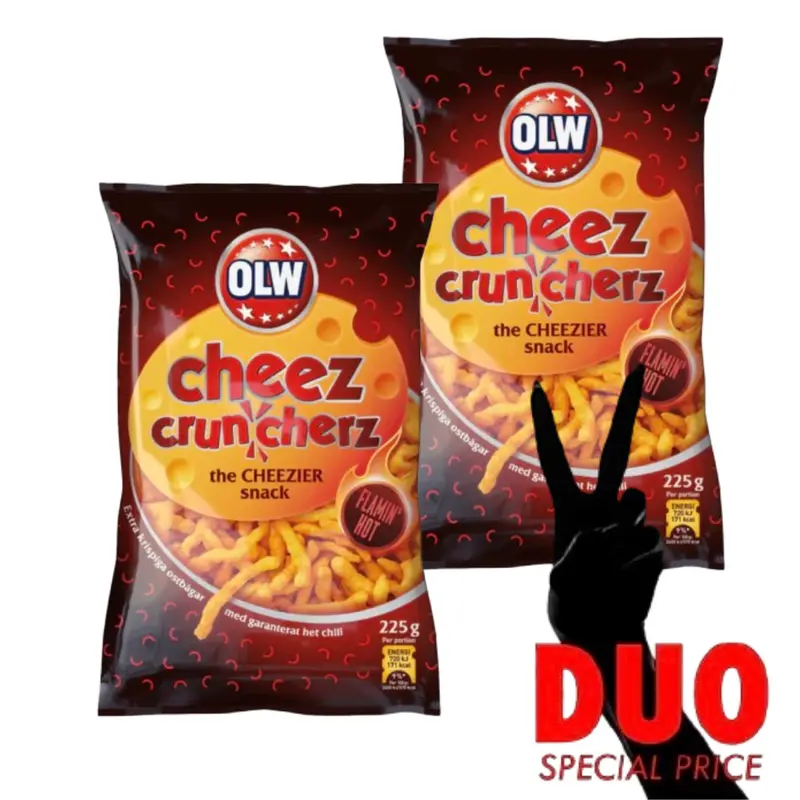 DUO OLW Cheez Cruncherz Flamin hot - Hot Cheese Corn Snacks 225g X 2