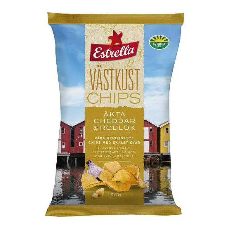 Estrella Västkustchips Äkta Cheddar & Rödlök- Cheddar & Red Onion Crisps 180 g