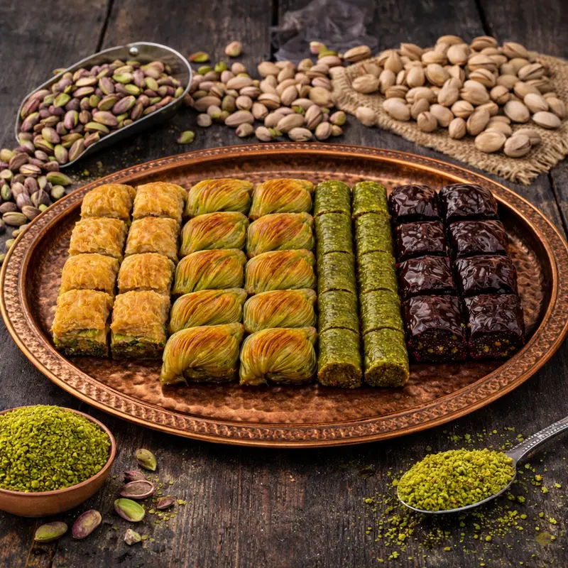 Gemischte Baklava 1.5kg – Türkische Baklava Mischung mit Schokolade, Midye, Sarma und Pistazienbaklava - Aus Antep
