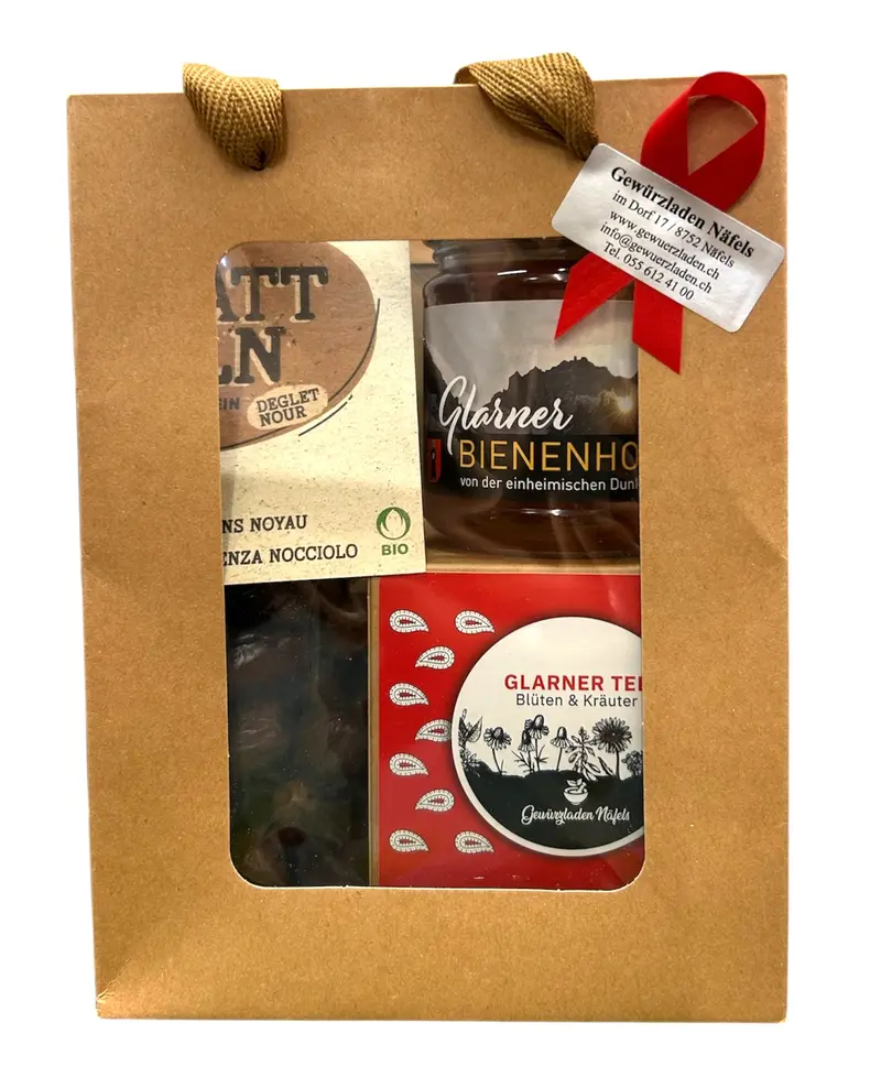 Geschenk Gewürzsäckli mit Glarner Tee, Datteln und Glarner Bienenhonig