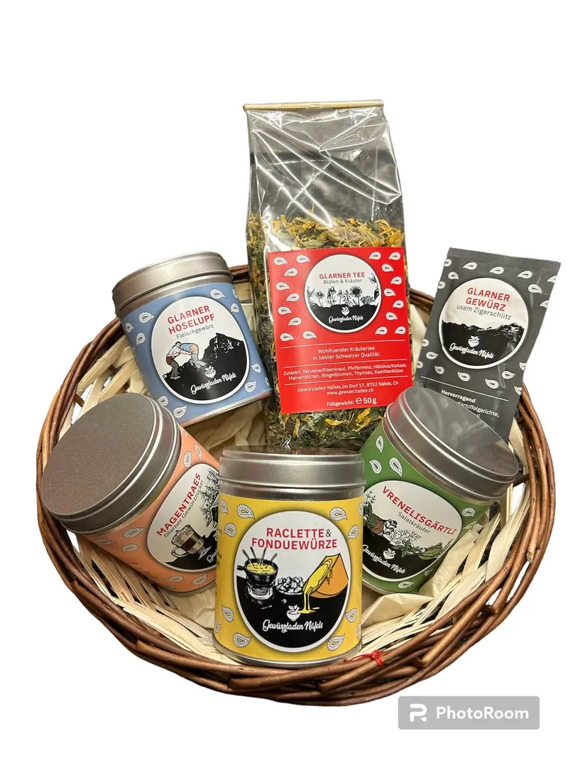 Geschenkkorb Gewürzladen + Glarner Tee