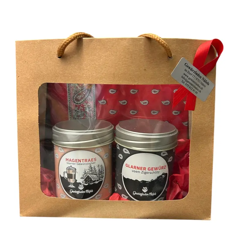 Geschenktasche mit Glarner Servietten/ Magenträs/ Glarner Gewürz