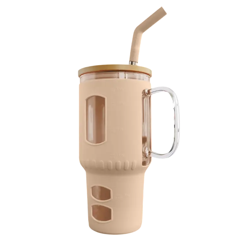Glasbecher mit Strohhalm & Bambusdeckel – für Auto-Becherhalter, beige