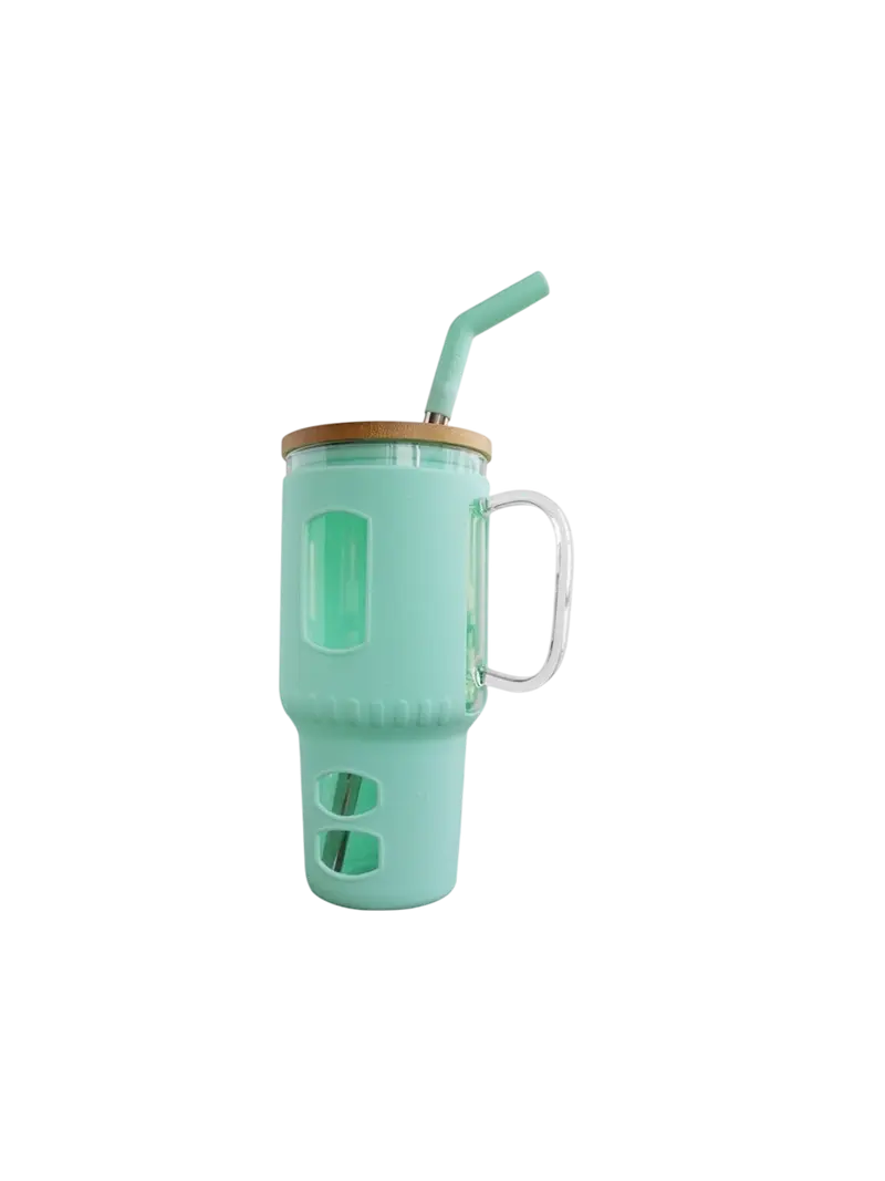 Glasbecher mit Strohhalm & Bambusdeckel – für Auto-Becherhalter, mint