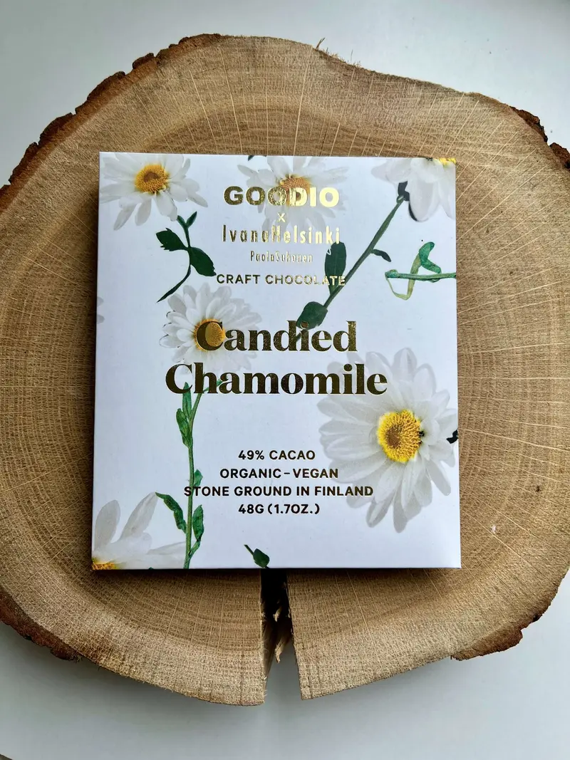 Goodio Candied Chamomile 49% vegane Schokolade 48g (saisonal verfügbar)