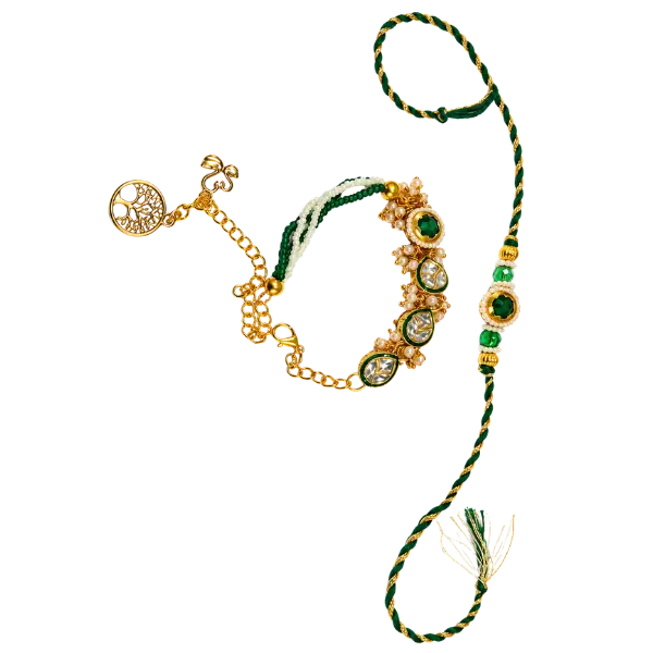 Green Kundan Rakhi Set with Pearl Lumba