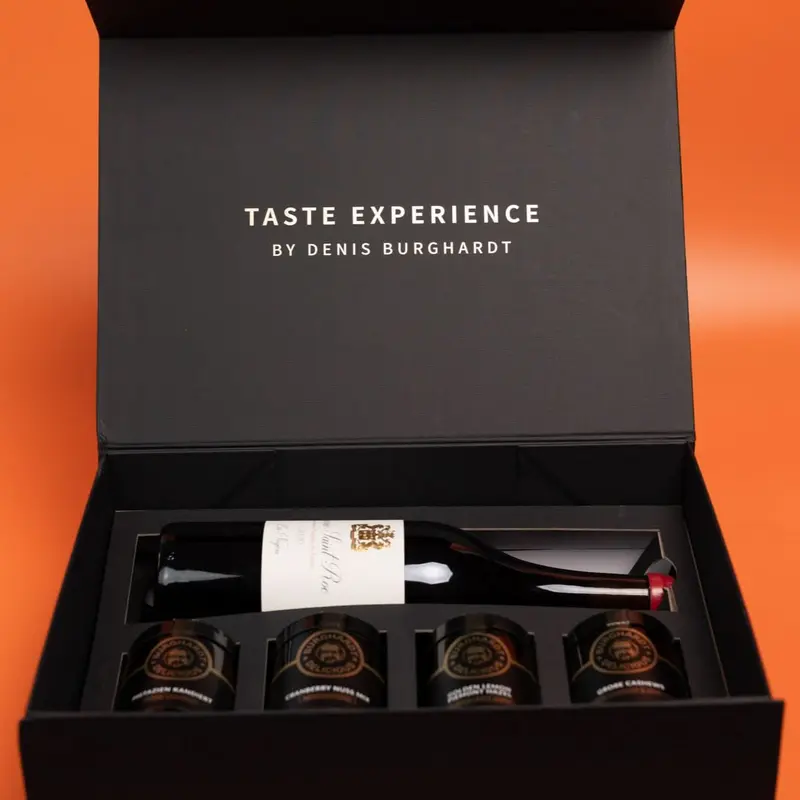 Jubiläums Geschenkbox Gourmet & Wein Genuss (4 Glasdosen & Chamagner)