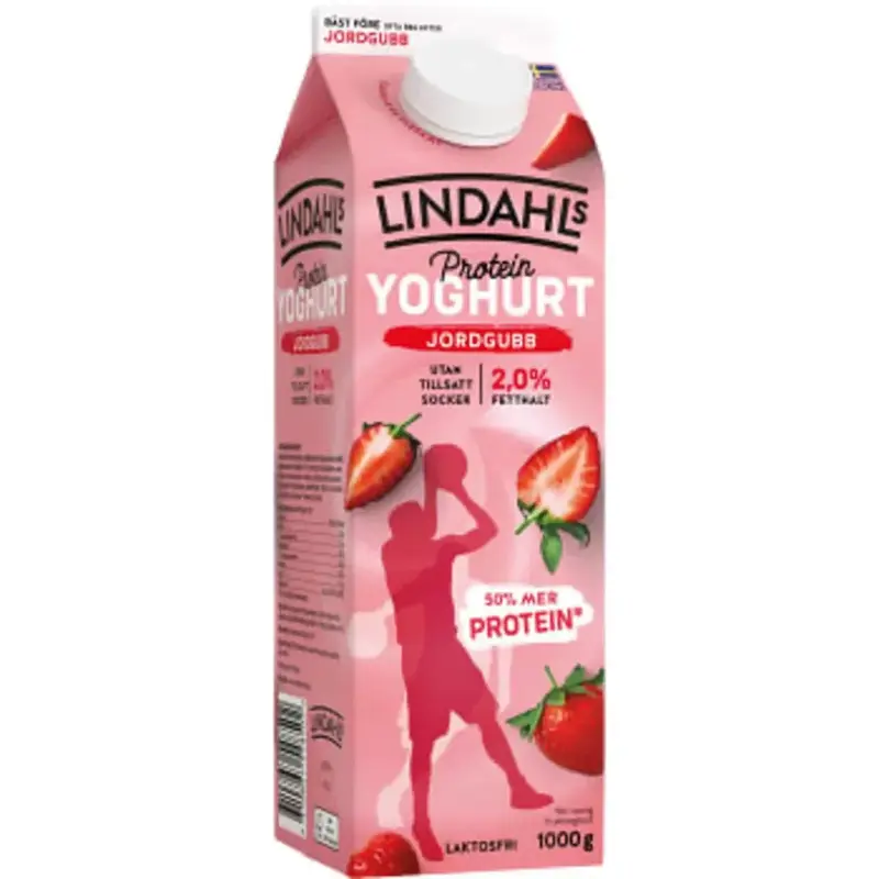 Lindahls Proteinyoghurt Jordgubb Laktosfri 2% - Yogurt Strawberry Lactose Free - 1l