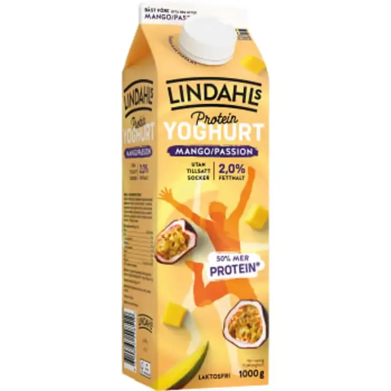 Lindahls Proteinyoghurt Mango Passion Laktosfri 2% - Yogurt Mango Passion Lactose Free - 1l