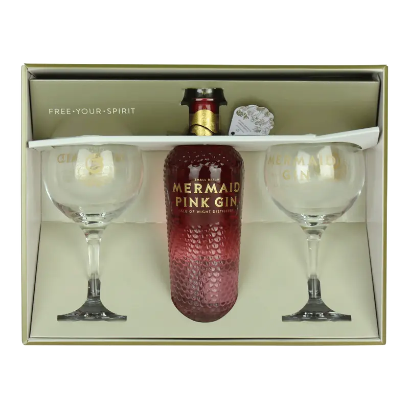Mermaid Pink Gin Isle of Wight Small Batch Gin Geschenkpackung mit 2 Gläsern 70cl 38% Vol.