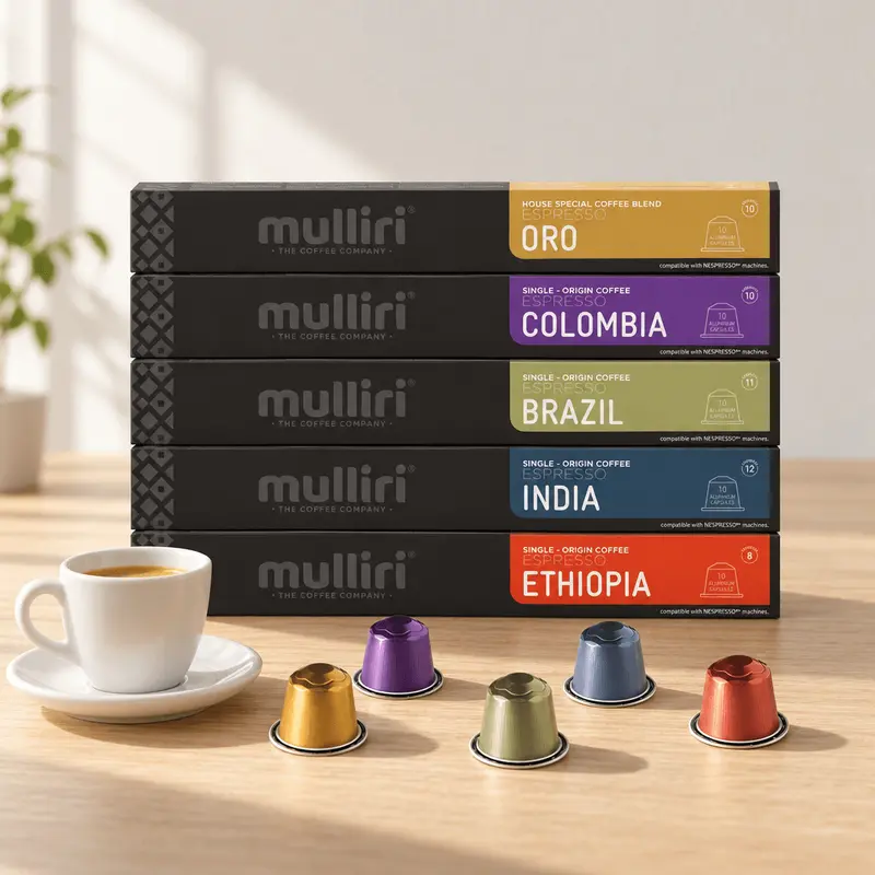 Mulliri Espresso Alu-Kapsel-Set – 5 Sorten, 50 Kapseln Nespresso®-kompatibel