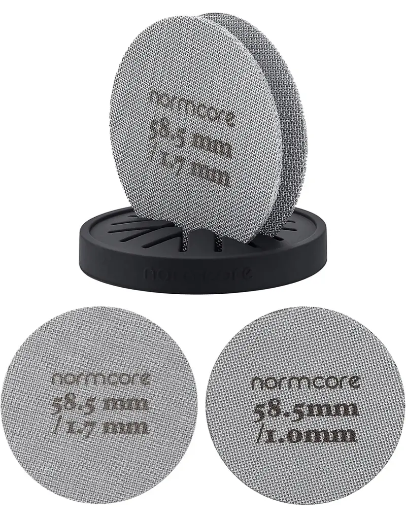 Normcore Puck Screen 58.5 mm – 2 Stück (1,7 & 1,0 mm) mit Ständer