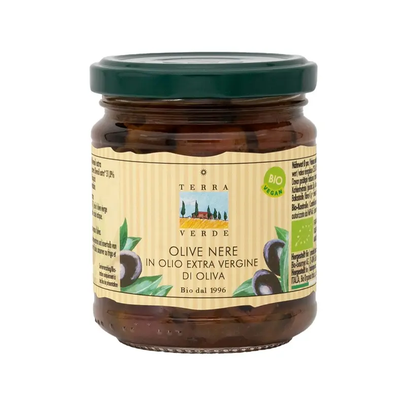 Olive nere in Olio extra vergine di Oliva, EU Bio, 190g