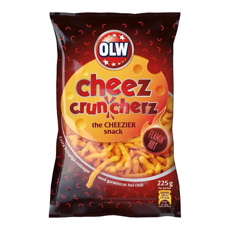 OLW Cheez Cruncherz Flamin hot - Hot Cheese Corn Snacks 225g