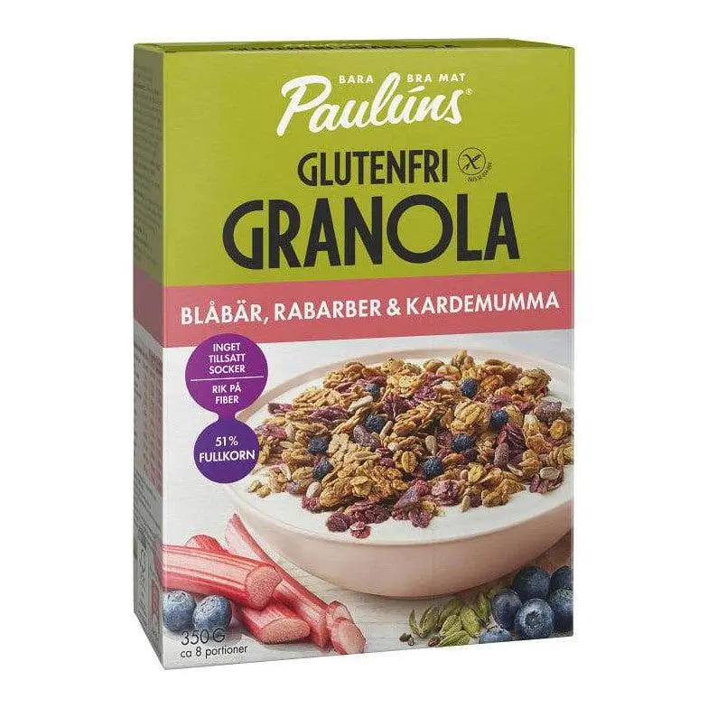 Paulúns Glutenfri Granola Blåbär, Rabarber & Kardemumma - Glutenfree Granola, Blueberry, Rhubarb & Cardamom  350g