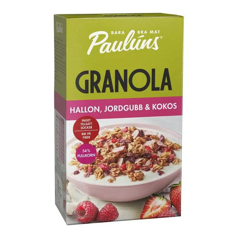 Paulúns Granola Hallon, Jordgubb & Kokos - Granola with Raspberry, Strawberry & Coconut 450g