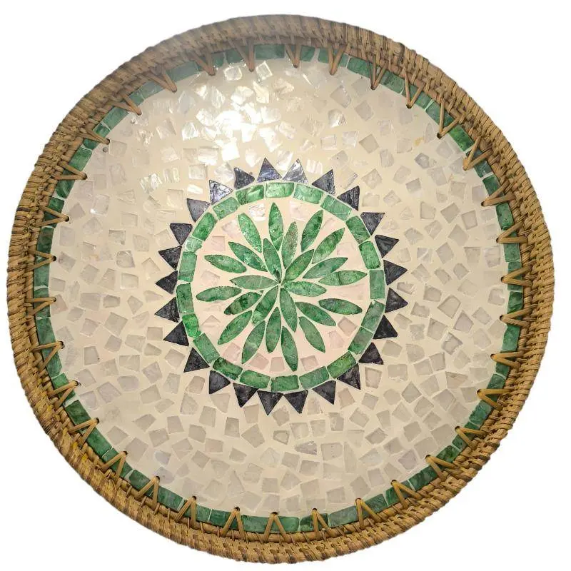 Plateau rond en rotin mosaïque - 35cm