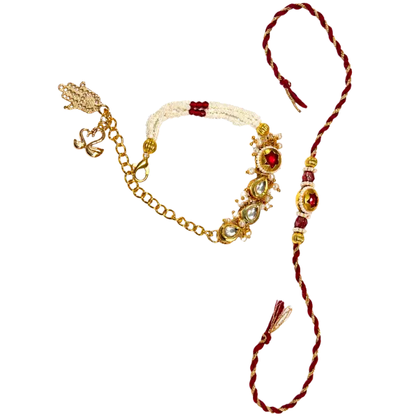 Red Kundan Rakhi Set with Pearl Lumba
