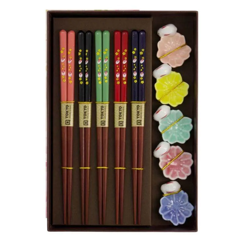 Set de baguettes en bois avec support en céramique en forme de fleur - JADE TEMPLE