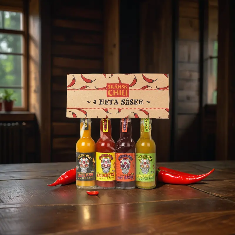 Skånsk Chili 4er Hotsaucen Geschenkset mit verschiedenen Schärfegraden und Geschmacksrichtungen