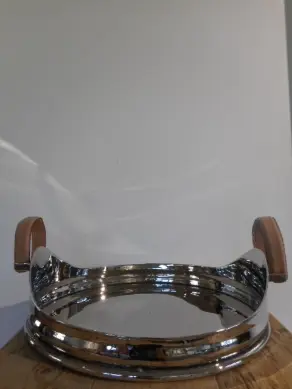Tablett Nickel m. Ledergriff D 40cm