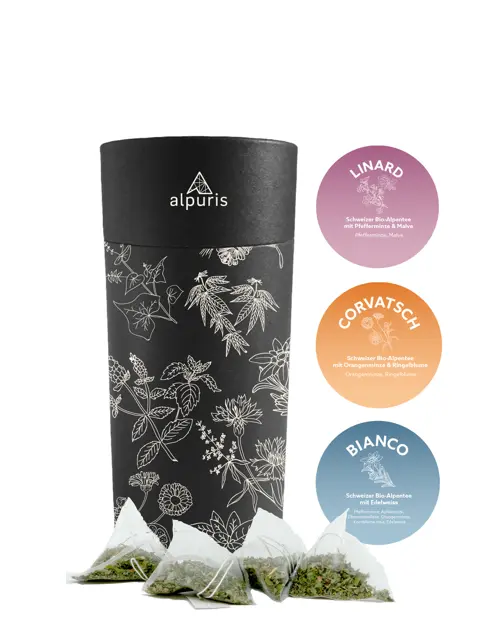 Teedose mit drei Alpenkräutertees
