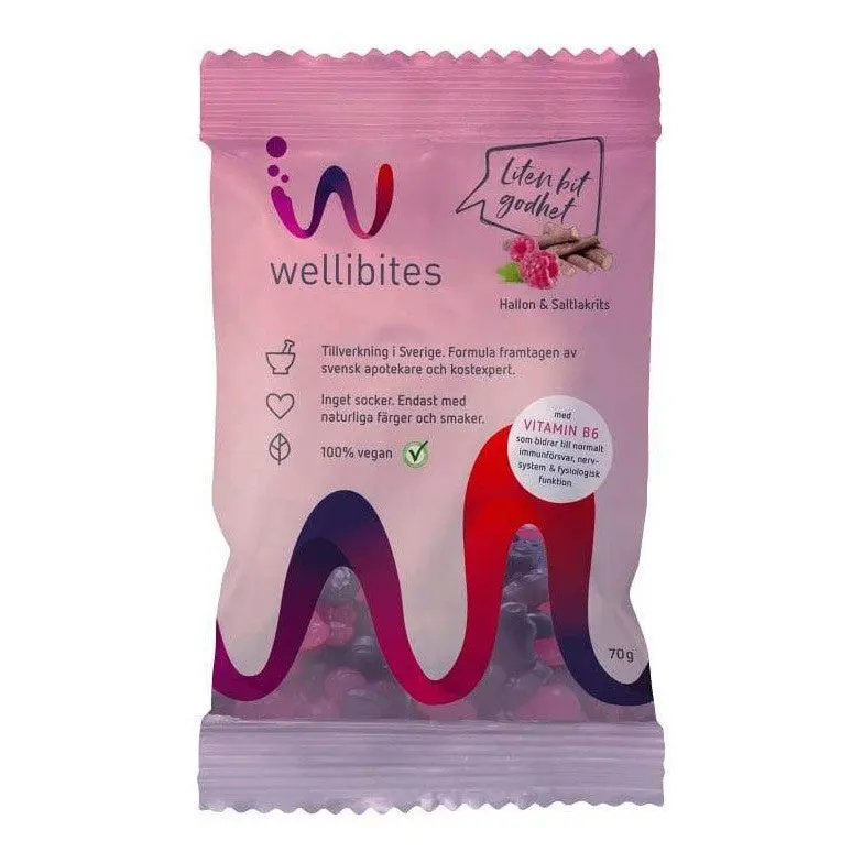 Wellibites Gelégodis Hallon & Saltlakrits Vegansk - Sugar Free & Vegan Candy Raspberry & Salty Licorice 70 g