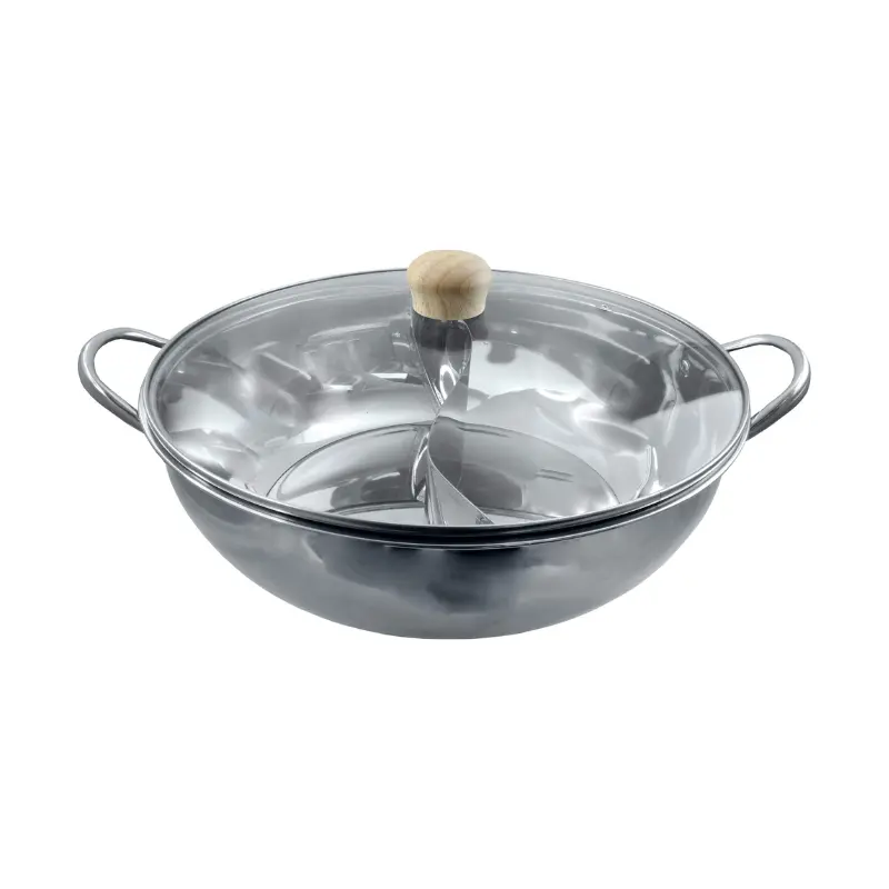 Wok hot pot en inox avec couvercle en verre 34cm - JADE TEMPLE