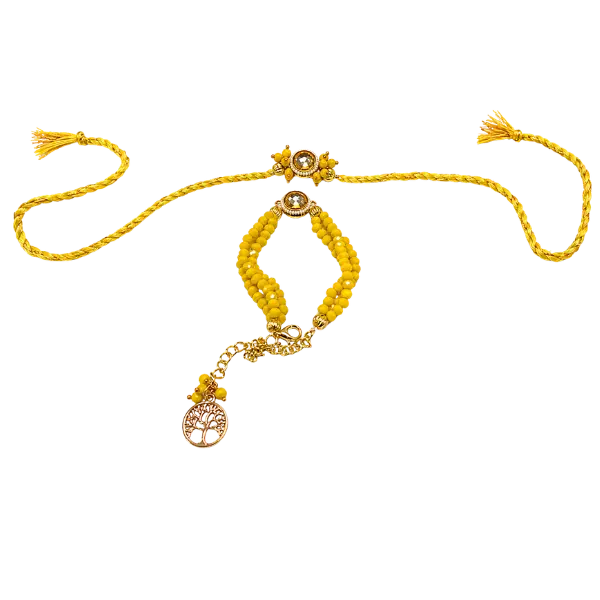 Yellow Rakhi Set with Beaded Lumba & Tree of Life Charm